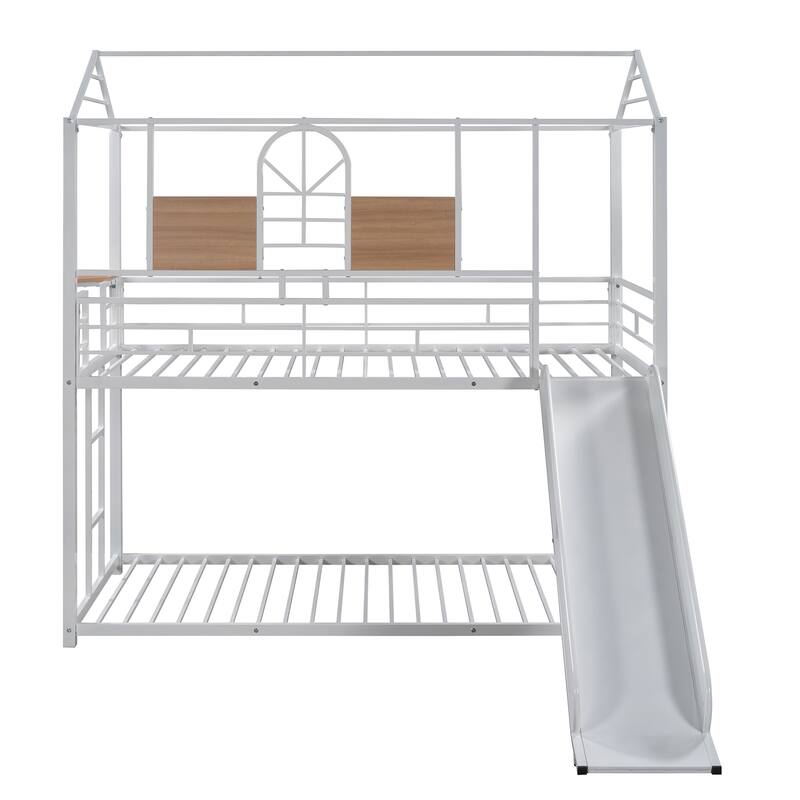 Twin over Twin Metal House Bunk Bed with Slide for Kids