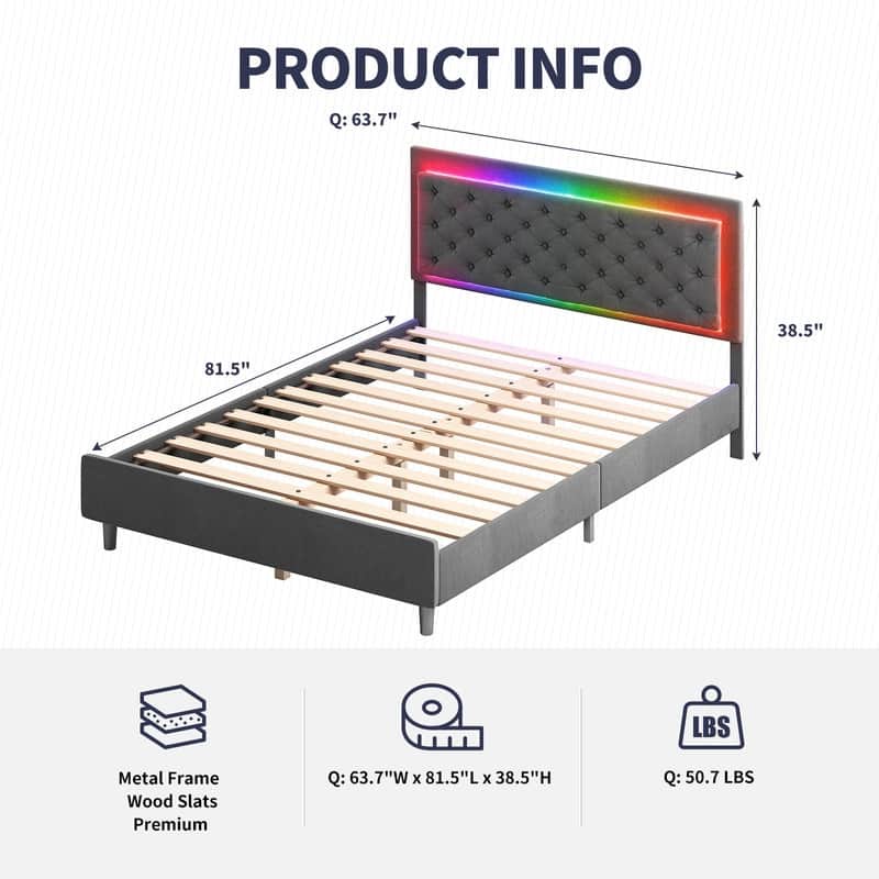 Mixoy Velveteen RGB LED Bed Frame with Button Tufted Adjustable Headboard