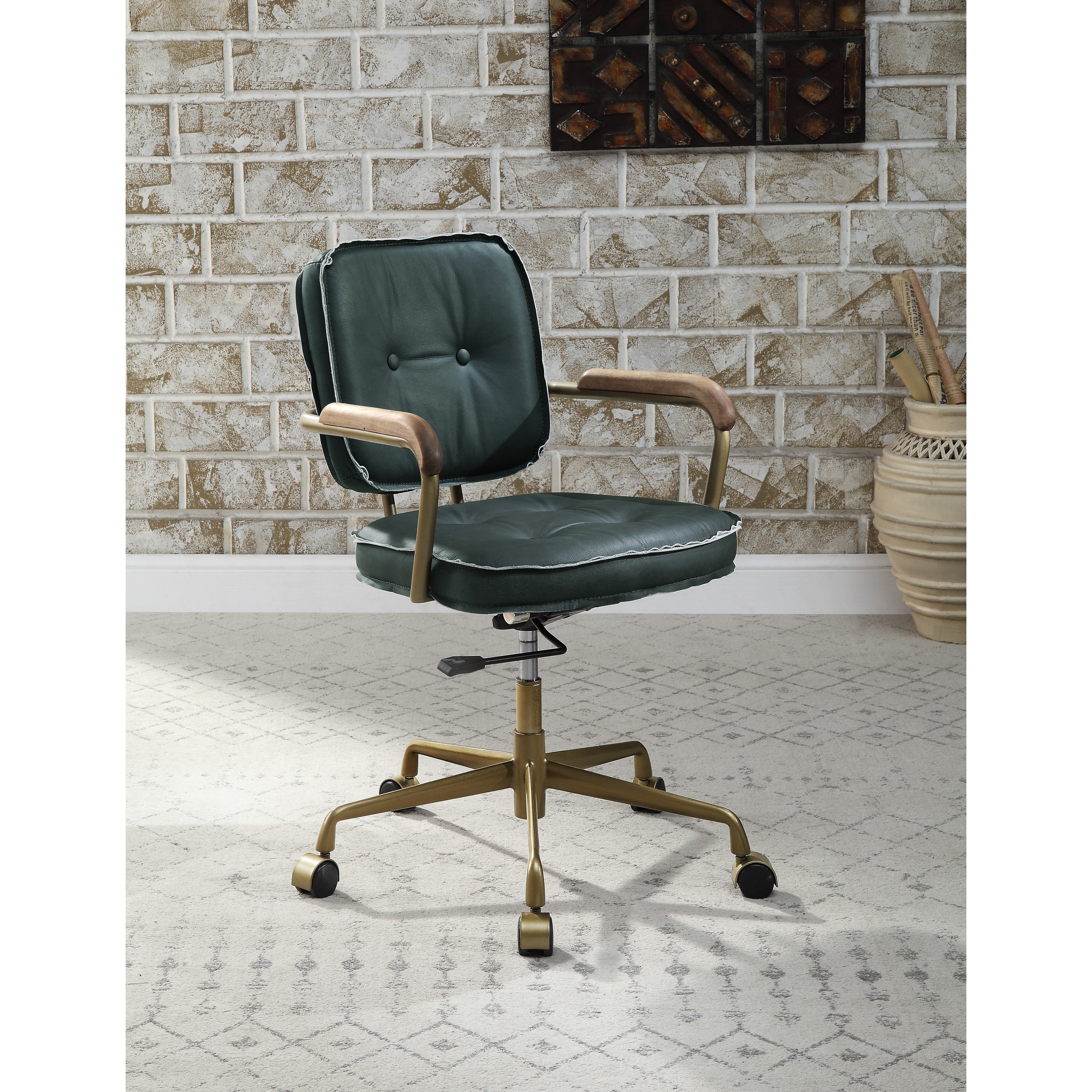 Vintage Industrial Style Swivel Adjustable Height Leather Office Chair with Metal Base and Legs
