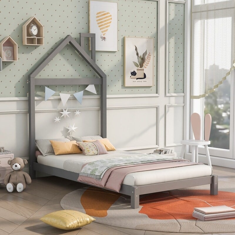 Twin Size Wood Platform Bed with House-shaped Headboard for Kids