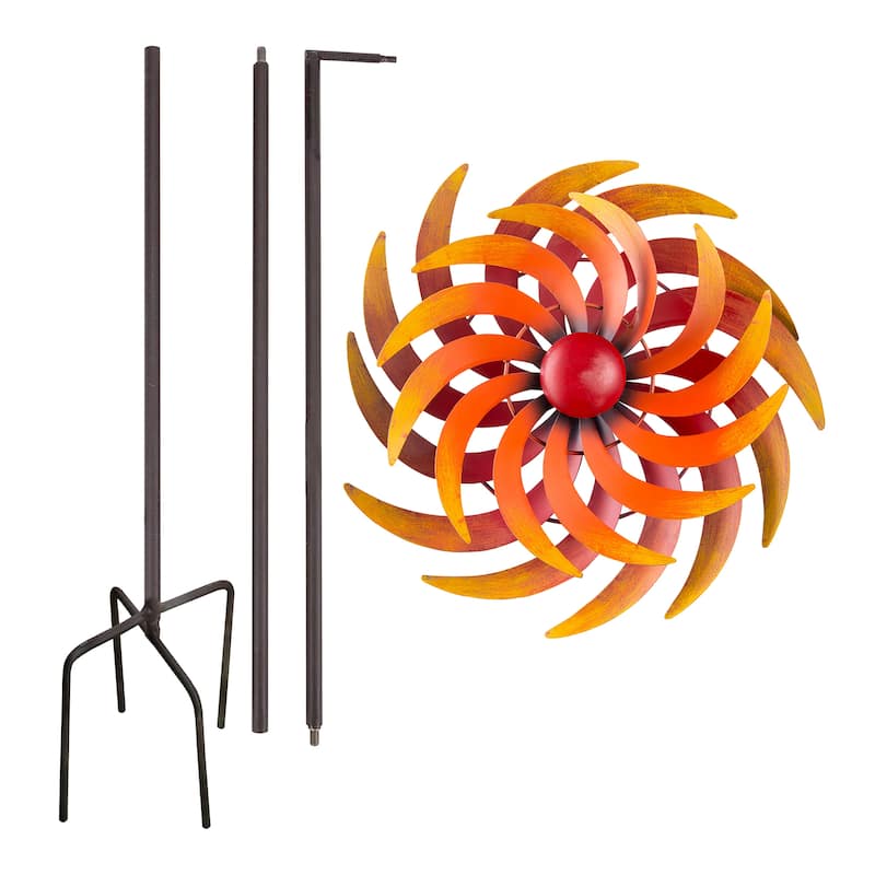 Alpine Corporation 75" Tall Outdoor Dual Metal Rustic Garden Kinetic Wind Spinner Stake, Red and Orange
