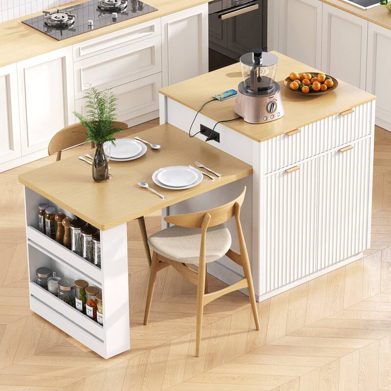 82.6" Fluted Kitchen Island with Extendable Dining Table, Storage Kitchen Island Table with Power Outlet and 2 Side Open Shelves