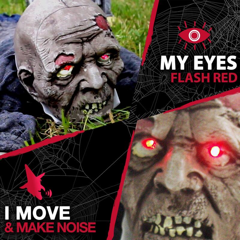 Haunted Hill Farm 62 In. Animatronic Zombie, Indoor/Outdoor Halloween Decoration, Flashing Red Eyes, Poseable, Battery