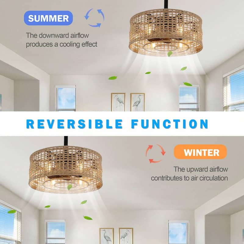 Cusp Barn 18" Farmhouse Caged Ceiling Fan with Light and Remote, Boho Rattan 3 Speeds Reversible Ceiling Fan for Bedroom