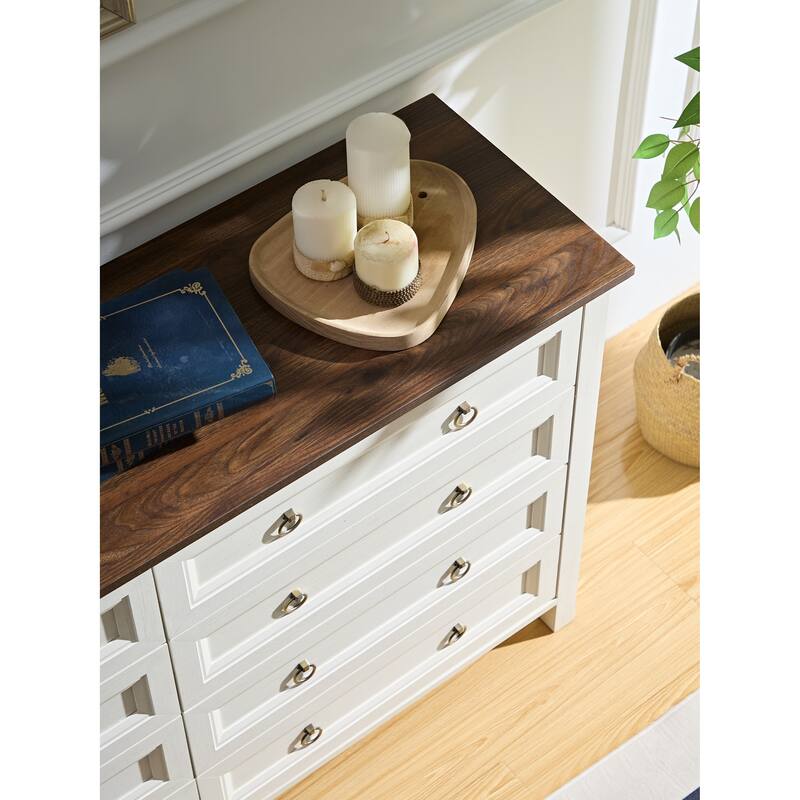 Farmhouse Style 8-Drawer Double Dresser with Rustic Wood Wide Finish and Metal Ring Handle