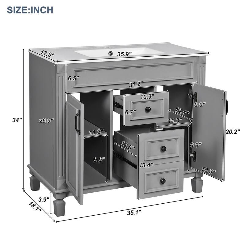 36'' Bathroom Vanity with Top Sink, Freestanding Vanity Set with Mirror Cabinet