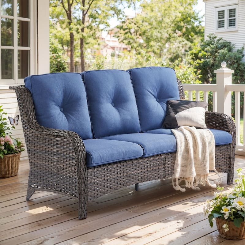 Gymojoy Outdoor Wicker Sofa Patio Rattan Wicker Furniture Cushion Sofa - Brown Wicker / Blue Cusion