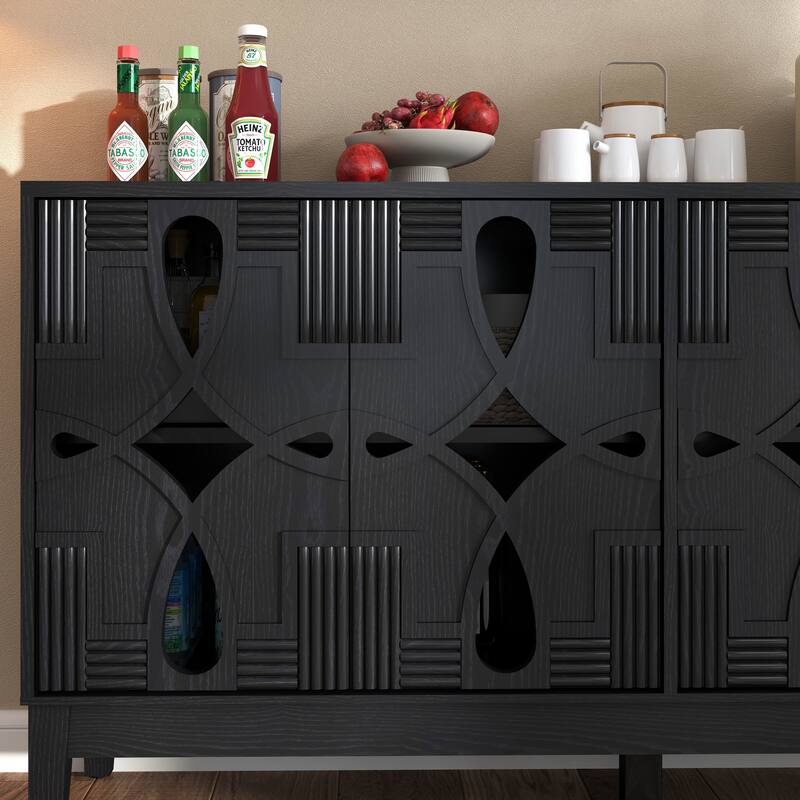 Sideboard Buffet with Hollow Carved Doors, Wood TV Media Console Table, Accent Cabinet with Adjustable Shelves