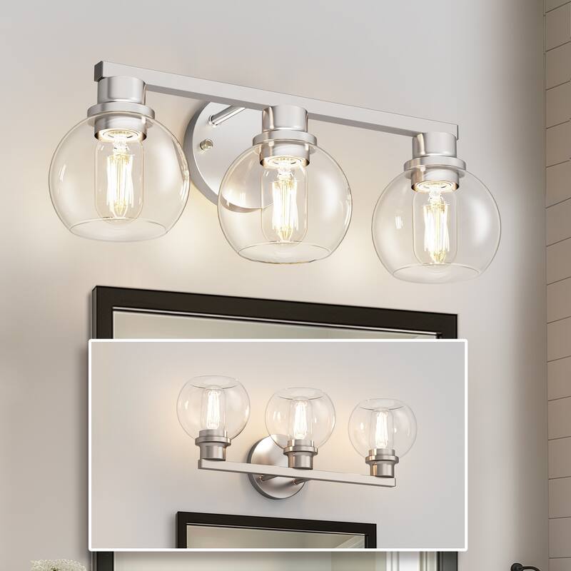 YANSUN 3-Light Vanity Light,Nickel Finish, E26 Sockets, Large Clear Glass Globe Shades for Contemporary Bathroom Lighting