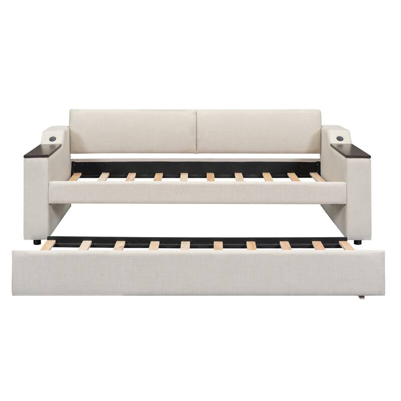 Twin Size Upholstered Daybed with Storage Arms, Trundle, and USB Charging in Beige