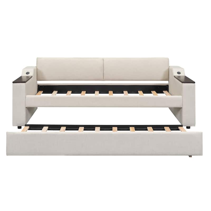 Twin Upholstered Daybed with Trundle and Storage Arms, Beige Linen Fabric Bed with USB Charging Ports