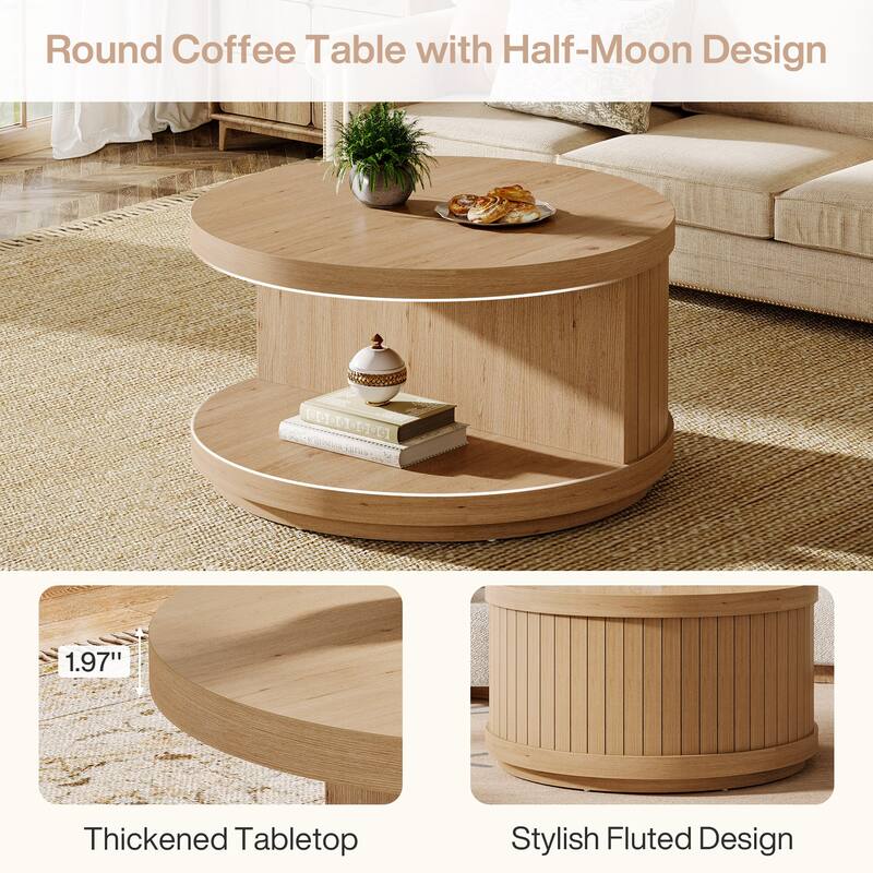 Industrial 2-Tier Round Fluted Coffee Table with Spacious Storage