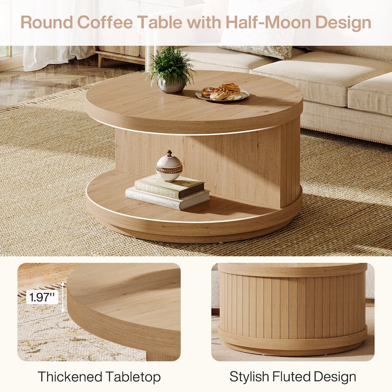 Industrial Round Coffee Table Circle Center Table with Storage Shelves