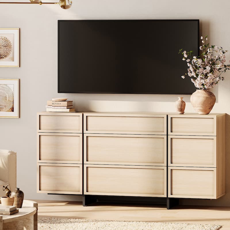 WAMPAT Modern TV Stand, Entertainment Center With 9 Drawers & T-Shaped Wood Legs