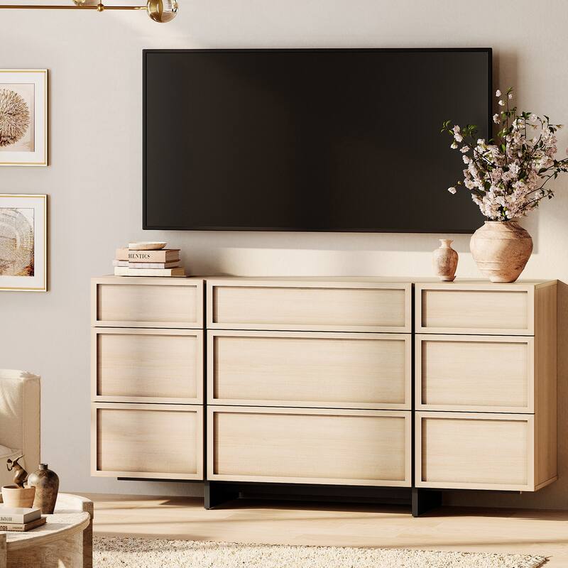 WAMPAT Modern TV Stand, Entertainment Center with T-Shaped Legs, Media Console Table with Storage Drawers - 57.5x15.5x31.5 in - Light Oak