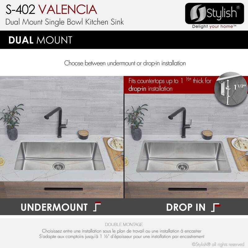 STYLISH Dual-Mount 31" Single-Bowl Stainless Steel Kitchen Sink with Strainer - 31" x 18" x 9"