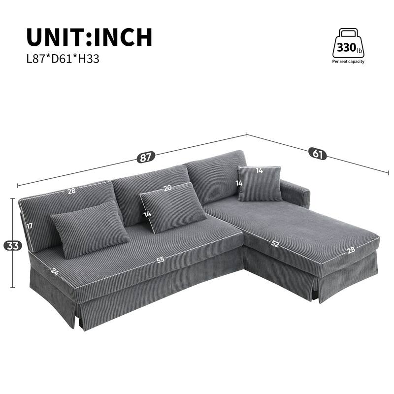 87X61"Modern L-shaped Corduroy Sofa with Reversible Chaise, 4-seat Upholstered Sectional Indoor Furniture for Living Room