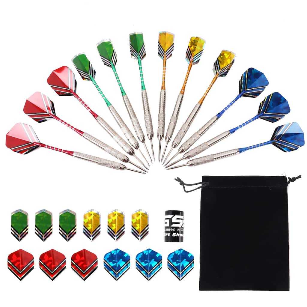 GSE™ 12-Pack of 24 Grams Professional Steel Tip Darts for Dartboard with Extra Flights, Dart Sharpener & Storage Bag - Silver