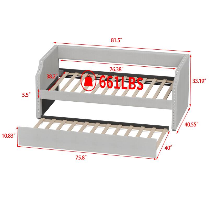 Modern Twin Size Upholstered Daybed with Trundle, Light Gray Fabric Sofa Bed with Plywood Slats and Nailhead Trim