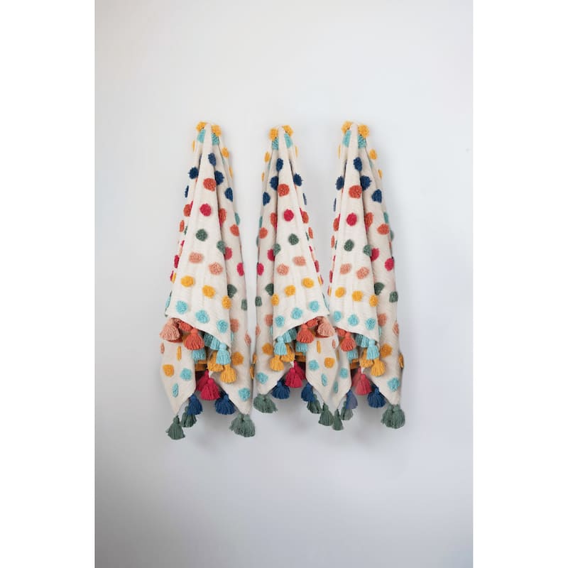 60"L x 50"W Woven Cotton Throw with Tufted Dots & Tassels