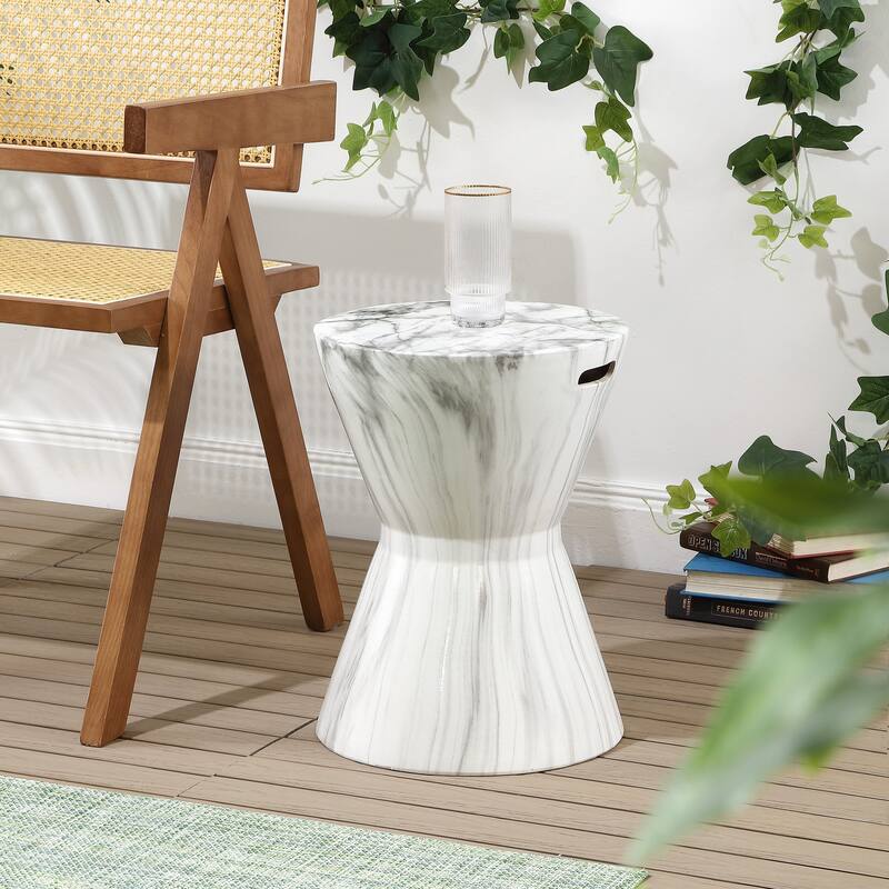 African Drum 17.3" White Marble Finish Ceramic Garden Stool by