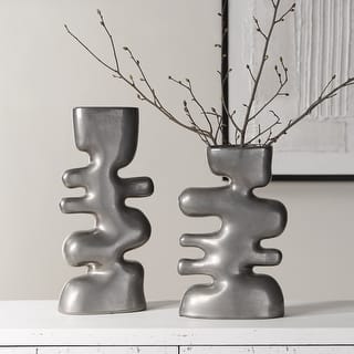 Abstract Style Ceramic Vases - 14" - Nickel Finish - Set of 2