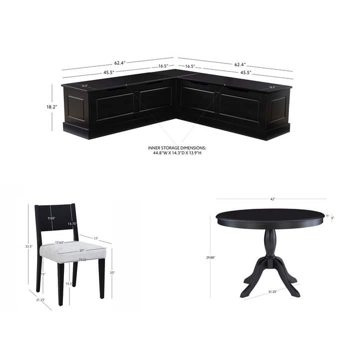 Josie Black Wooden 4-Piece Nook Table and Dining Chair Set with 2 Chairs