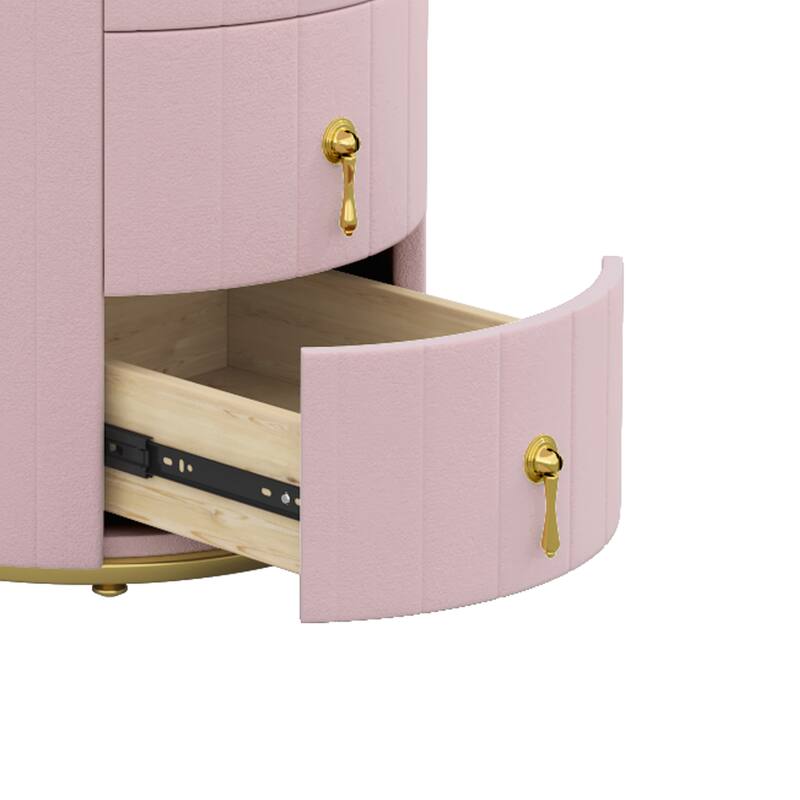Upholstered 3-Drawer Nightstand - Round Marbling Top Bedside Table (Fully Assembled Except Handles, Pink)