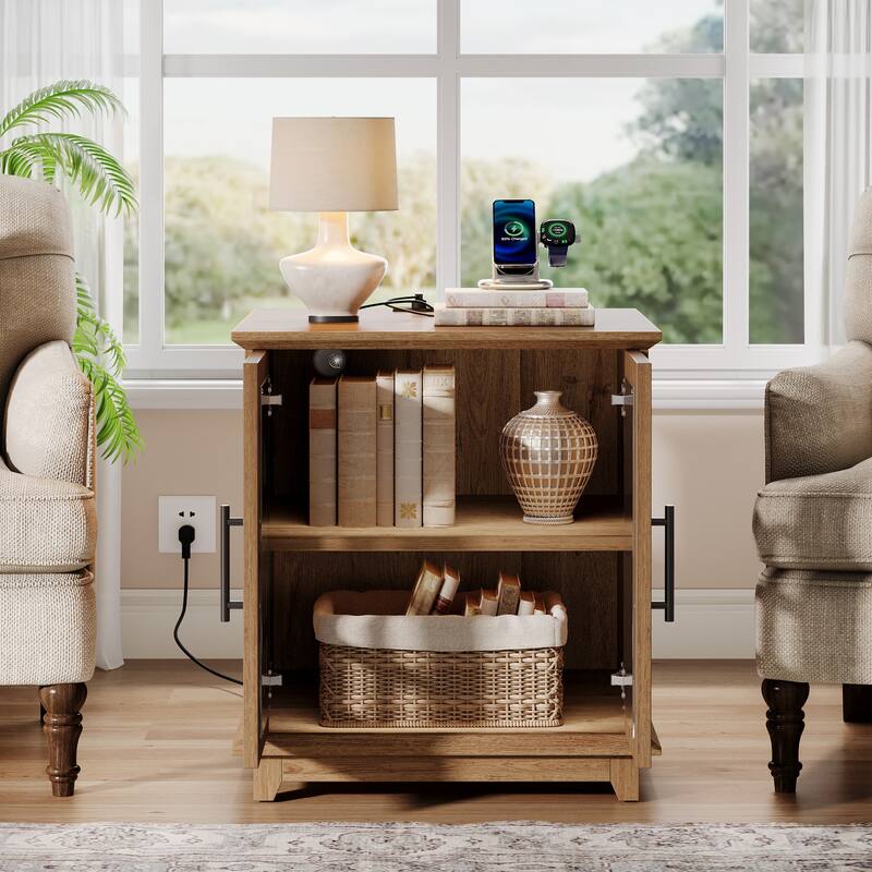 Farmhouse End Side Table with Charging Station & LED Light
