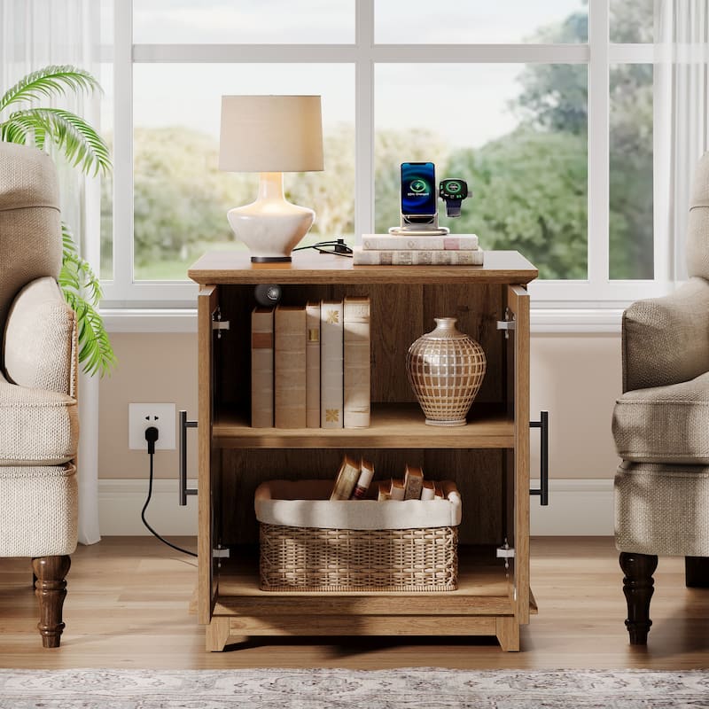 Nightstand with Charging Station, Wooden Bedside Table with LED Light