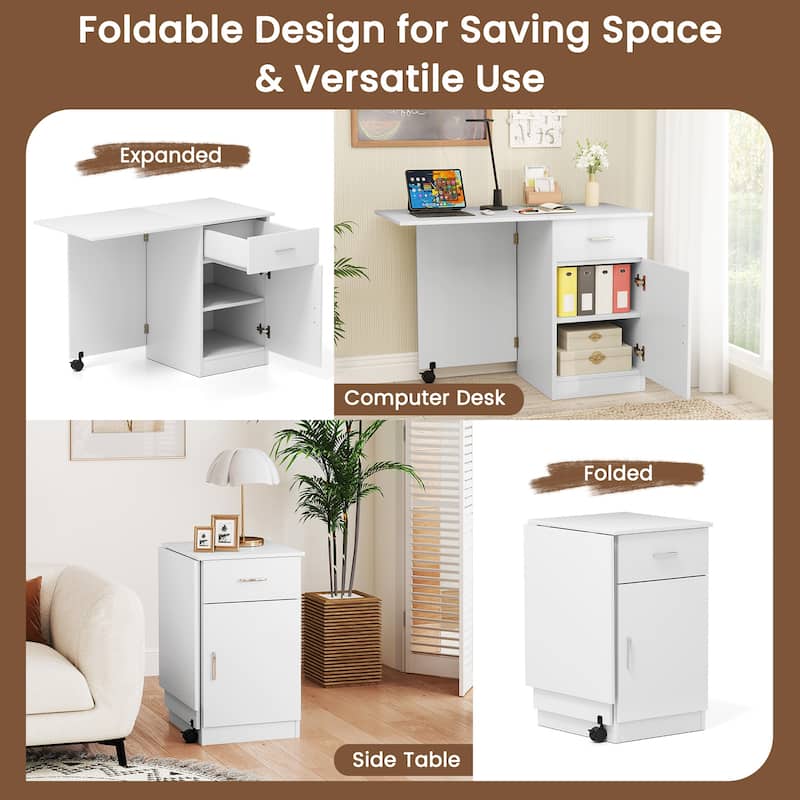 MDF Folding Computer Desk with Storage Cabinet, Drawer and Wheels