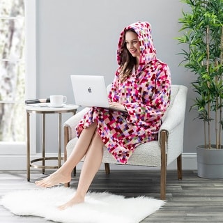 Classic Turkish Towels Multicolor Square Printed Hooded Velour with Terry Lining SPA Bath Robe