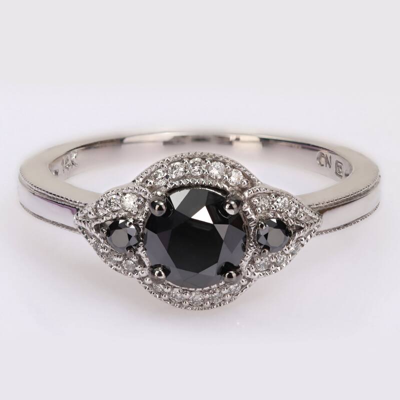 Miadora 1 1/6ct TDW Black & White Diamond 3-Stone Halo Engagement Ring in 14k White Gold