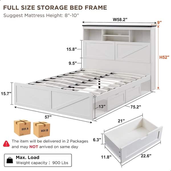 Farmhouse Full Size Wood Bed Frame with Storage Headboard and Drawers ...