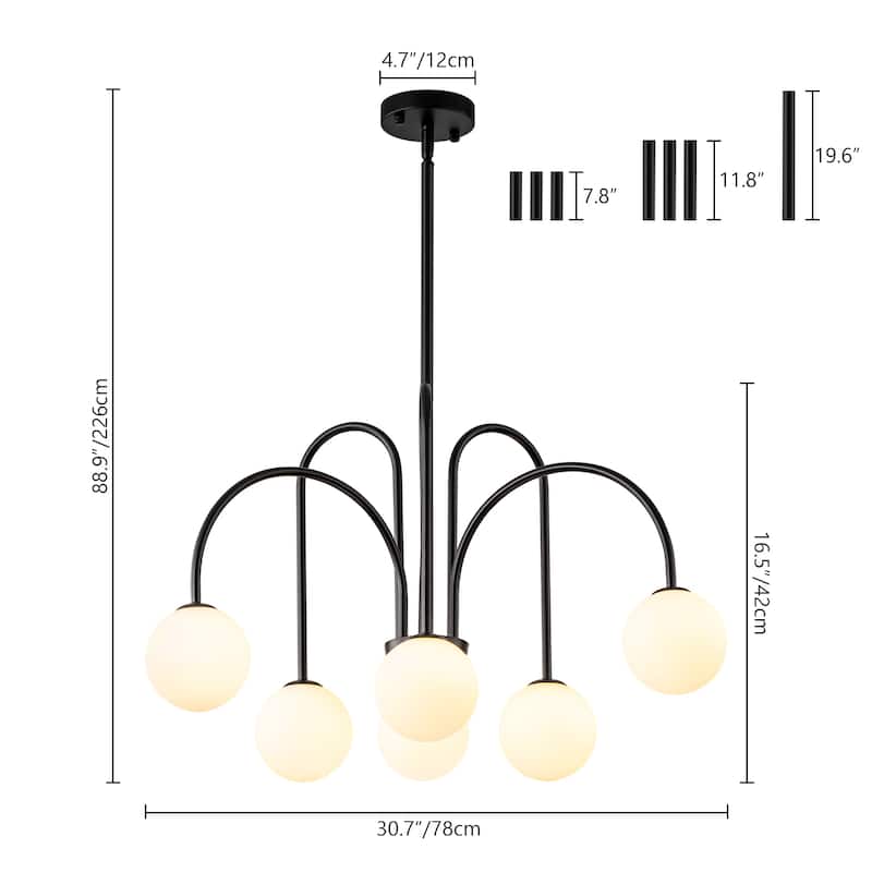 6-Light Modern Linear Sputnik Branch Frosted Glass Globe Chandelier for Dining Room