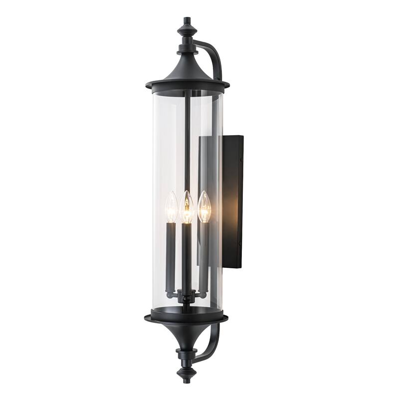 32.7" H 3-Light Industial Black Outdoor Hardwired Wall Lantern Sconce with Cylindrical Clear Glass for Home Outside