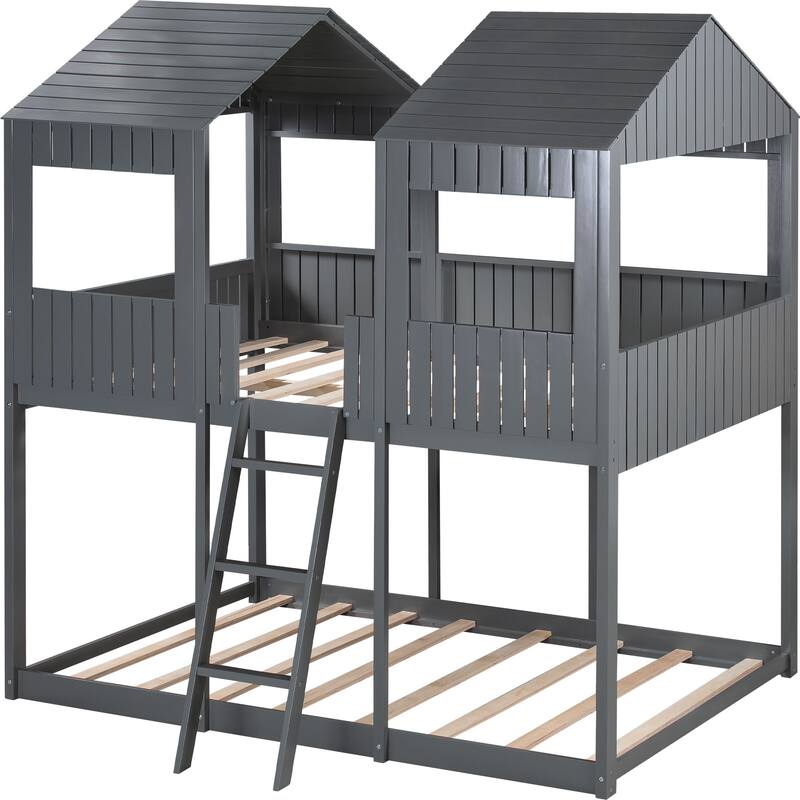 WoodBunk Bed with Roof, Window, Guardrail, Ladder