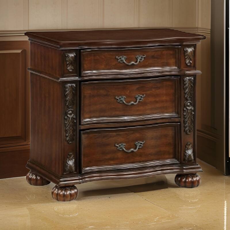 Nami 32 Inch Nightstand, 3 Drawers, Leaf Carvings, Cherry Brown Solid Wood