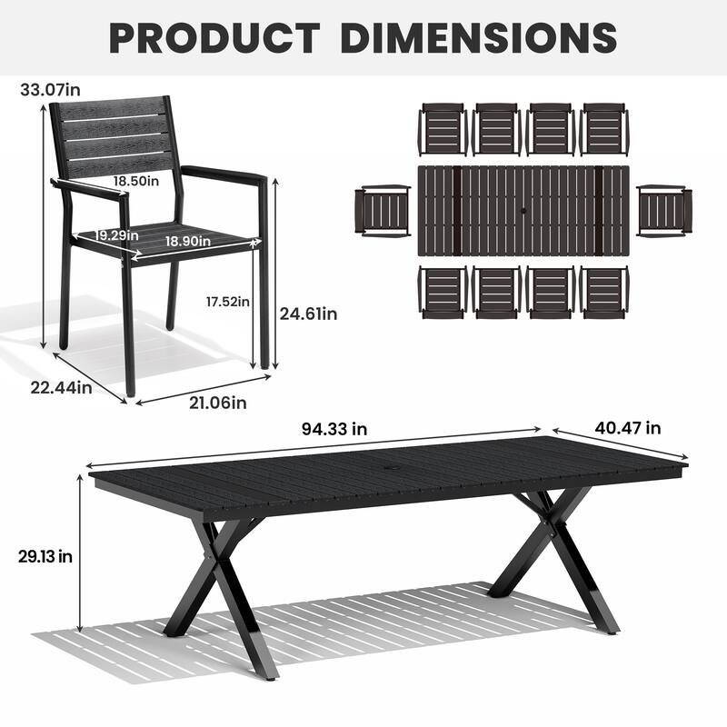 11-Piece Set Outdoor Aluminum Rectangular Dining Table with Umbrella Hole and Stackable Chairs