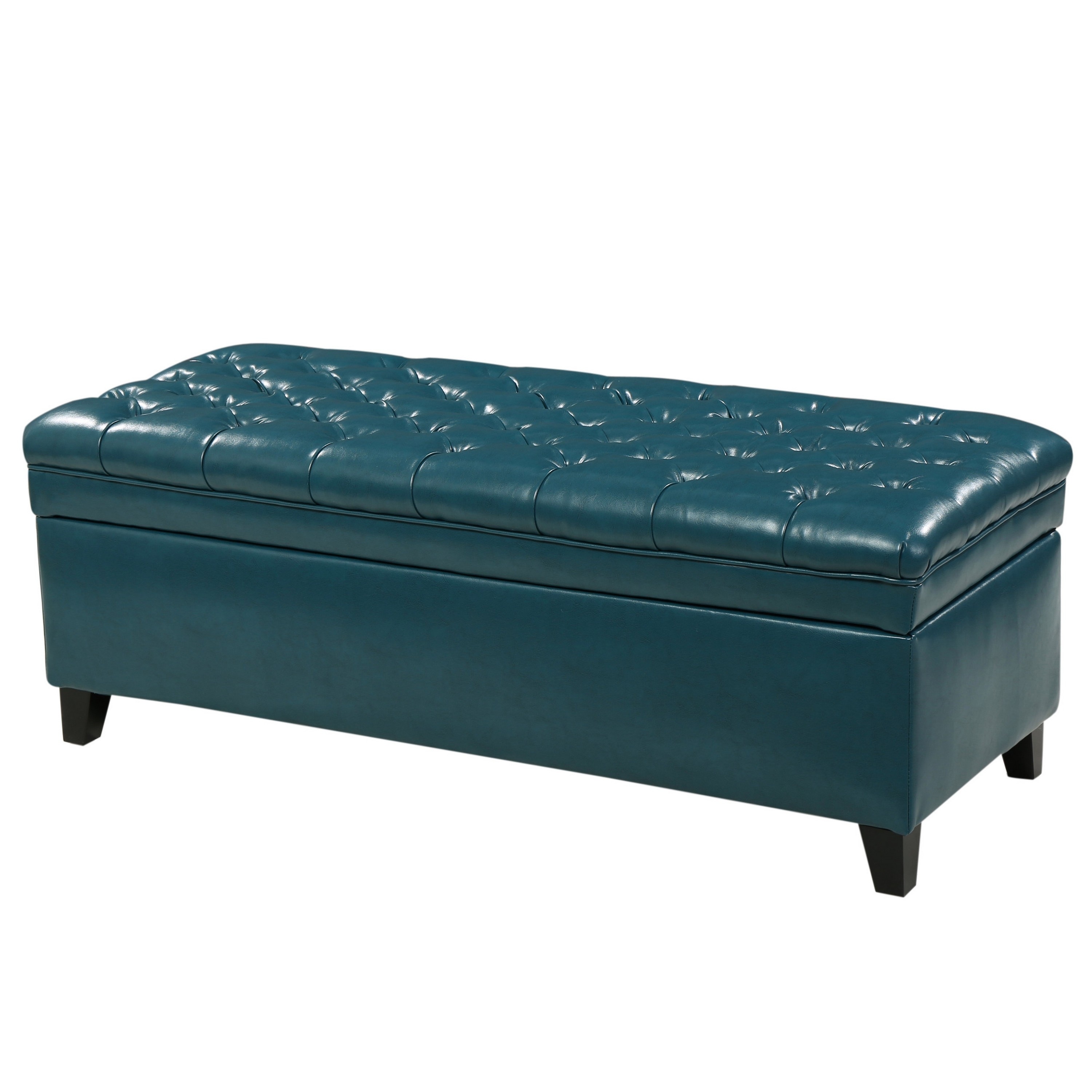 Rhya Storage Ottoman Bench, Teal Blue Faux Leather, Brown Wood 50