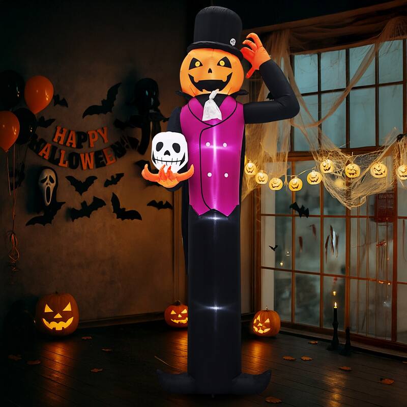 12 Feet Halloween Inflatable Pumpkin Man with Skull LED Lights for Outdoor or Indoor Decoration