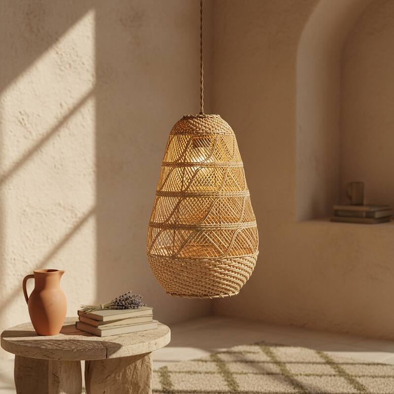 Kai 1-Light Rattan Pendant, Coastal Boho Japandi - Handwoven - 10" Wide