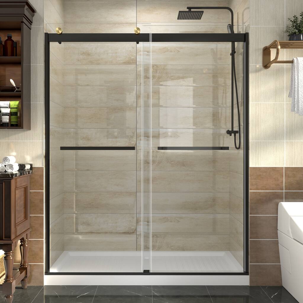 60 in. W x 74 in. H Single Sliding Semi-Frameless Shower Door in Matte Black Finish with Clear Tempered Glass - 60" x 74"