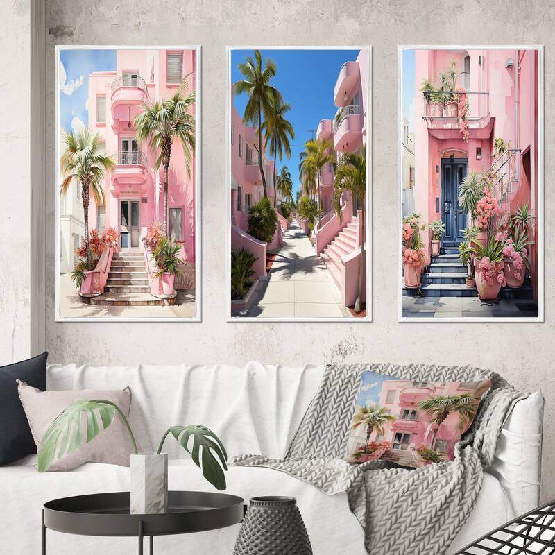 Designart "Pink Miami Artful Facades II" Floral Framed Wall Art Set Of 3 Frame Canvas Set For Living Room Decor - 50 in. wide x 32 in. high - 3 Panels - White