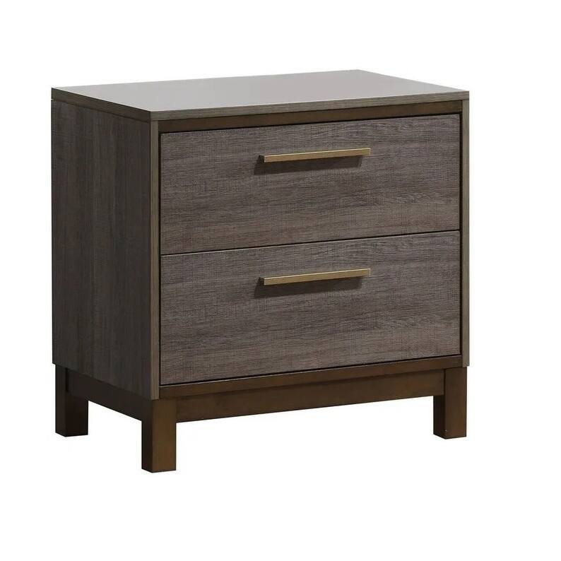 Contemporary Two-Tone Antique Gray Nightstand, Metal Glides, Brass Bar Pulls