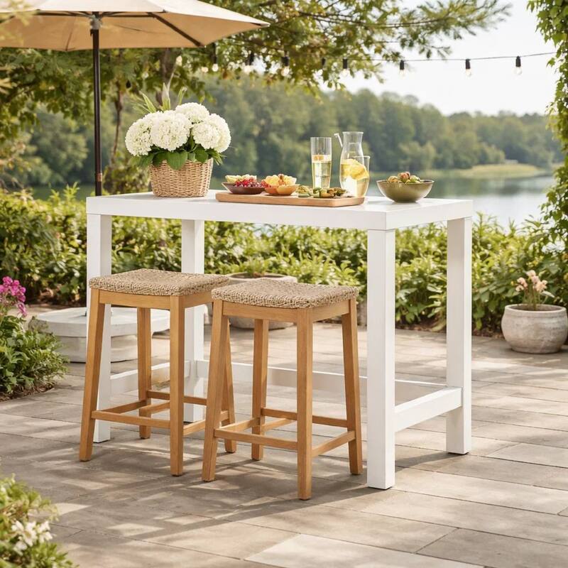 Kylo 59 Inch Outdoor Bar Height Table, White Aluminum Frame, Plank Surface