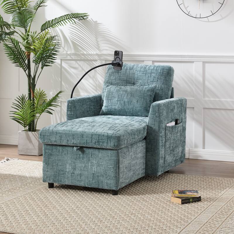 HOMEFUN Chenille Upholstered Storage Lazy Single Leisure Chair Sofa with Phone Holder - Lake Blue