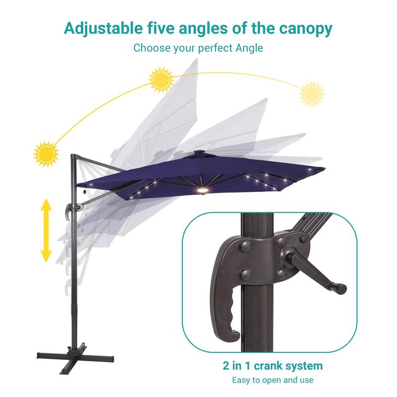 BONOSUKI 10x8FT LED Cantilever Patio Umbrella 360 Rotation and Canopy
