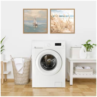 Kate and Laurel Sylvie Beach Grass and Calm Pastel Sailboat Framed Canvas Art Set by The Creative Bunch Studio