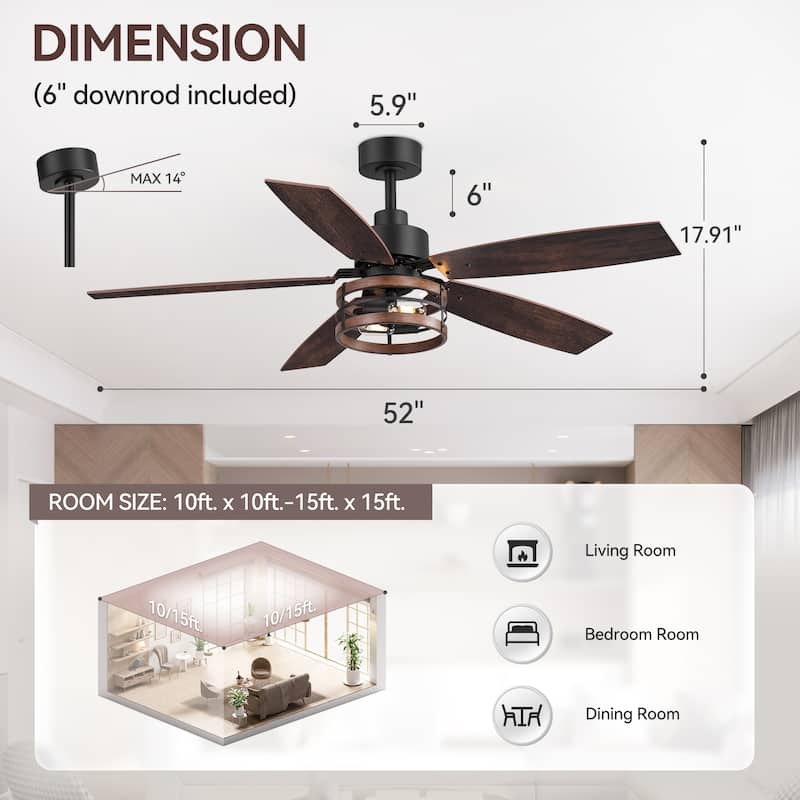 52-inch Farmhouse Ceiling Fan with Light and Remote-5 Reversible Blades